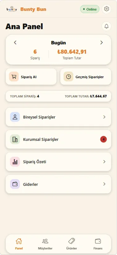Bunty Bun uygulamasında ürün ve fiyat listesi