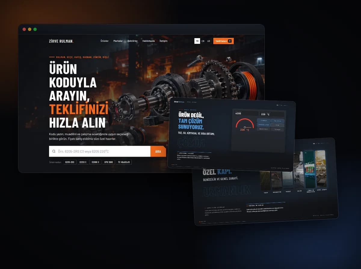 Zirve Rulman dijital satış platformu konsept ana sayfası ve sunum sahneleri