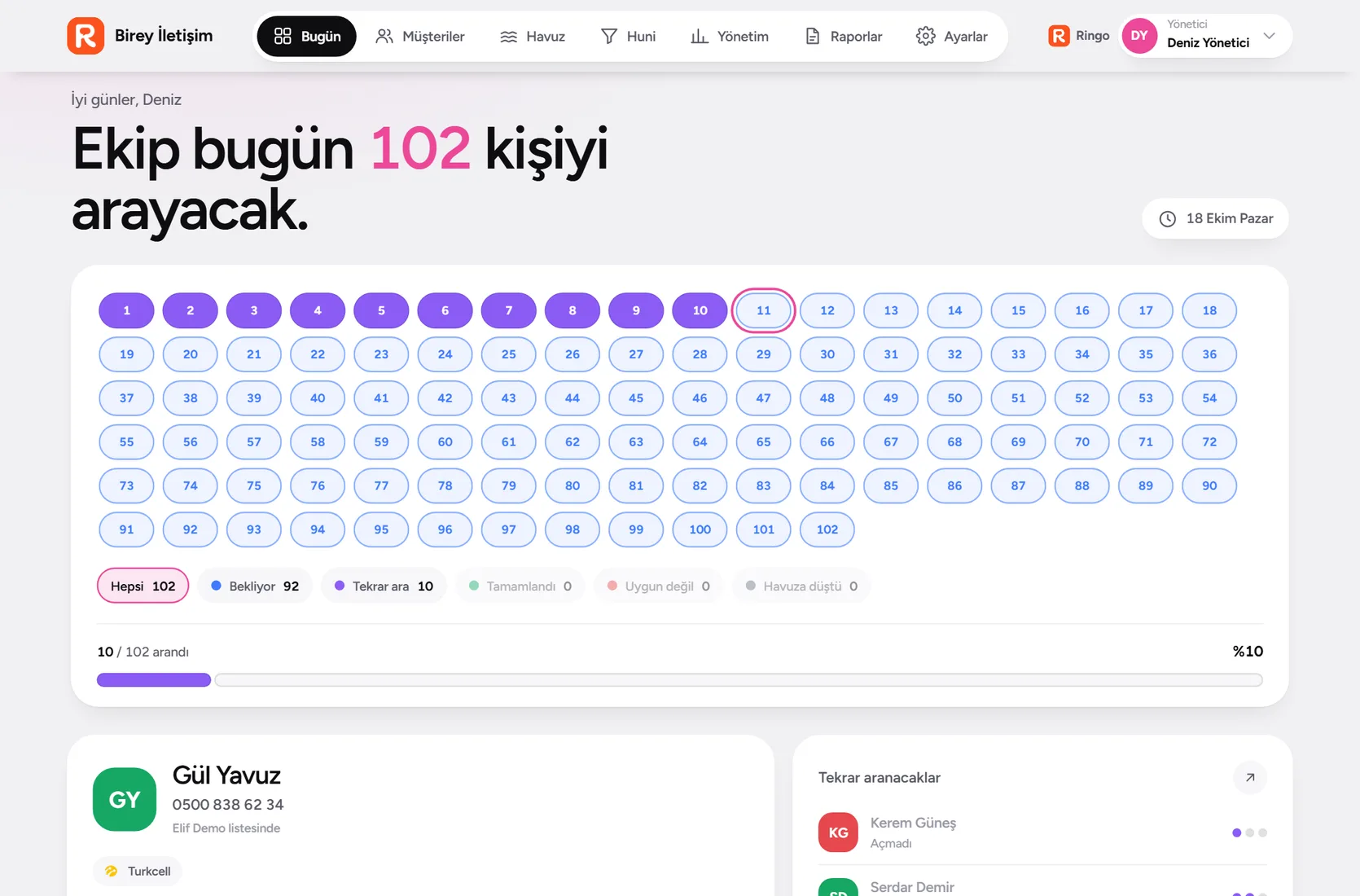 Ringo CRM, günün arama listesi ve arama sonuçları
