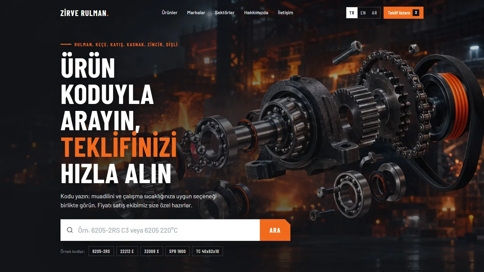 Zirve Rulman konsept ana sayfası, ürün koduyla arama